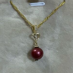 14K Gold Plated Red South Sea Pearl Pendant Necklace
